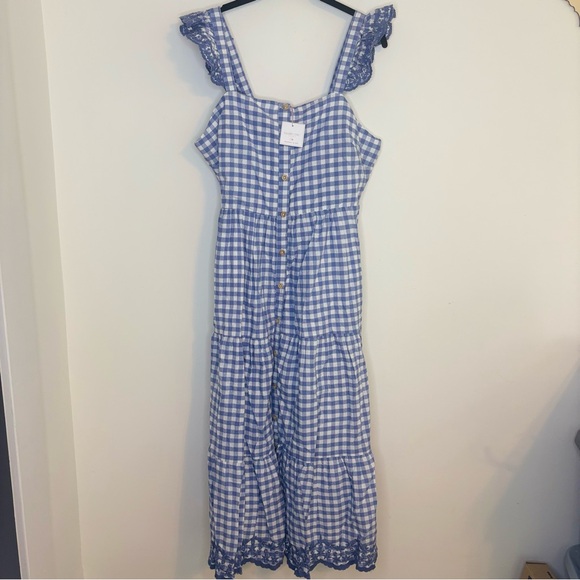 Shabby Chic Smocked Blue Gingham Embroidered Button Maxi Dress Size 14 NWT - Picture 6 of 11
